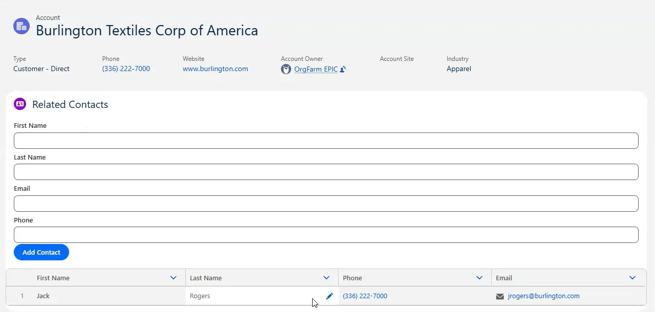 Salesforce Related Contacts workspace on the Burlington Textiles Corp of America Account showing an empty contact form and one editable contact row for Jack Rogers.