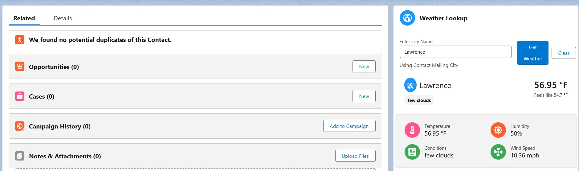 Salesforce Weather Lookup Lightning Web Component showing a search for Contact's city with weather condition, temperature, humidity, and wind speed results.
